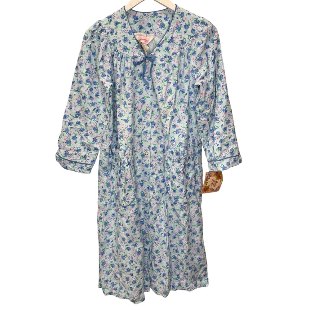 Vintage Lovely Lady Flannel Snap Button Robe House Coat M Blue Floral New